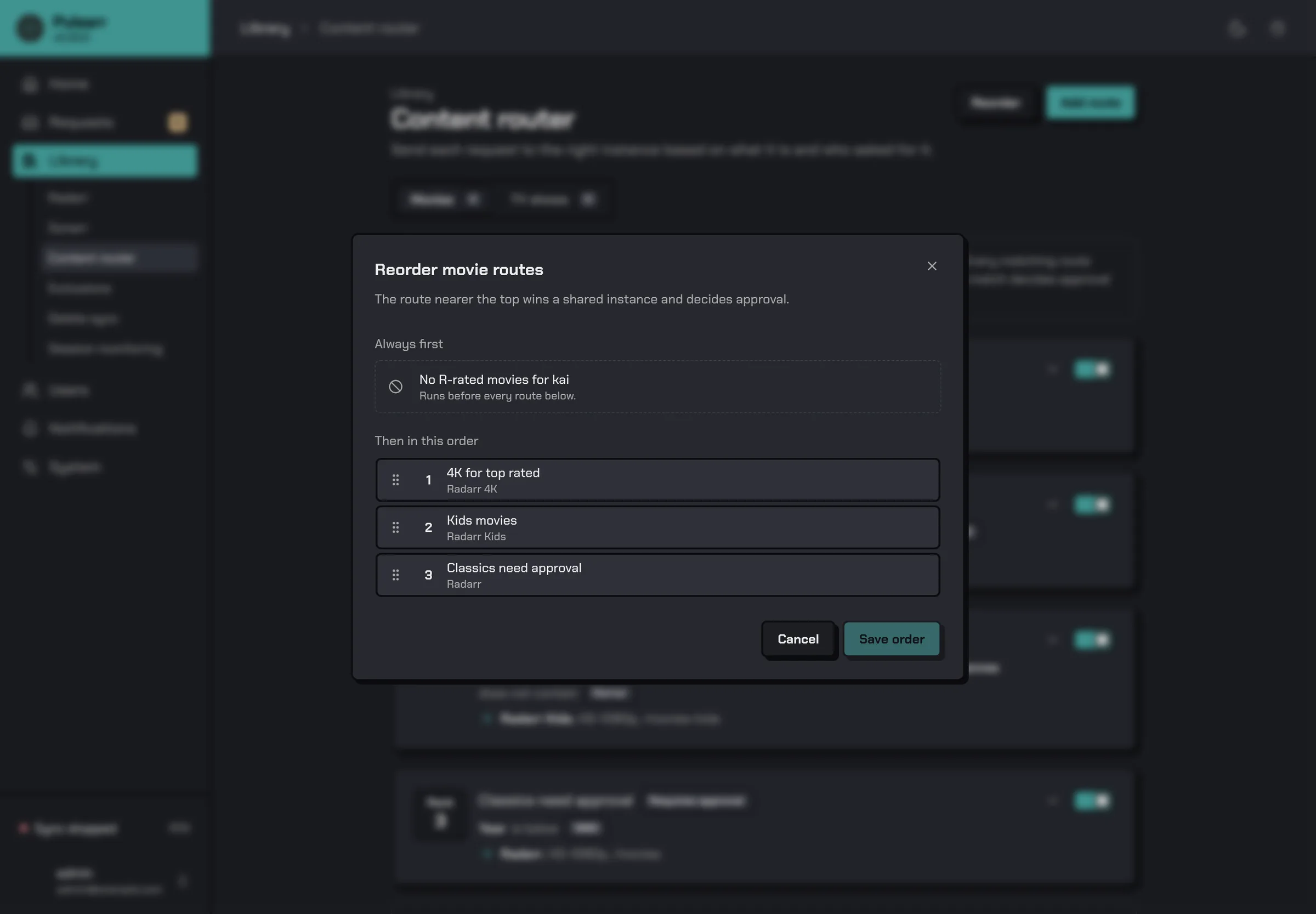 Reordering movie routes, with the Skip route pinned first