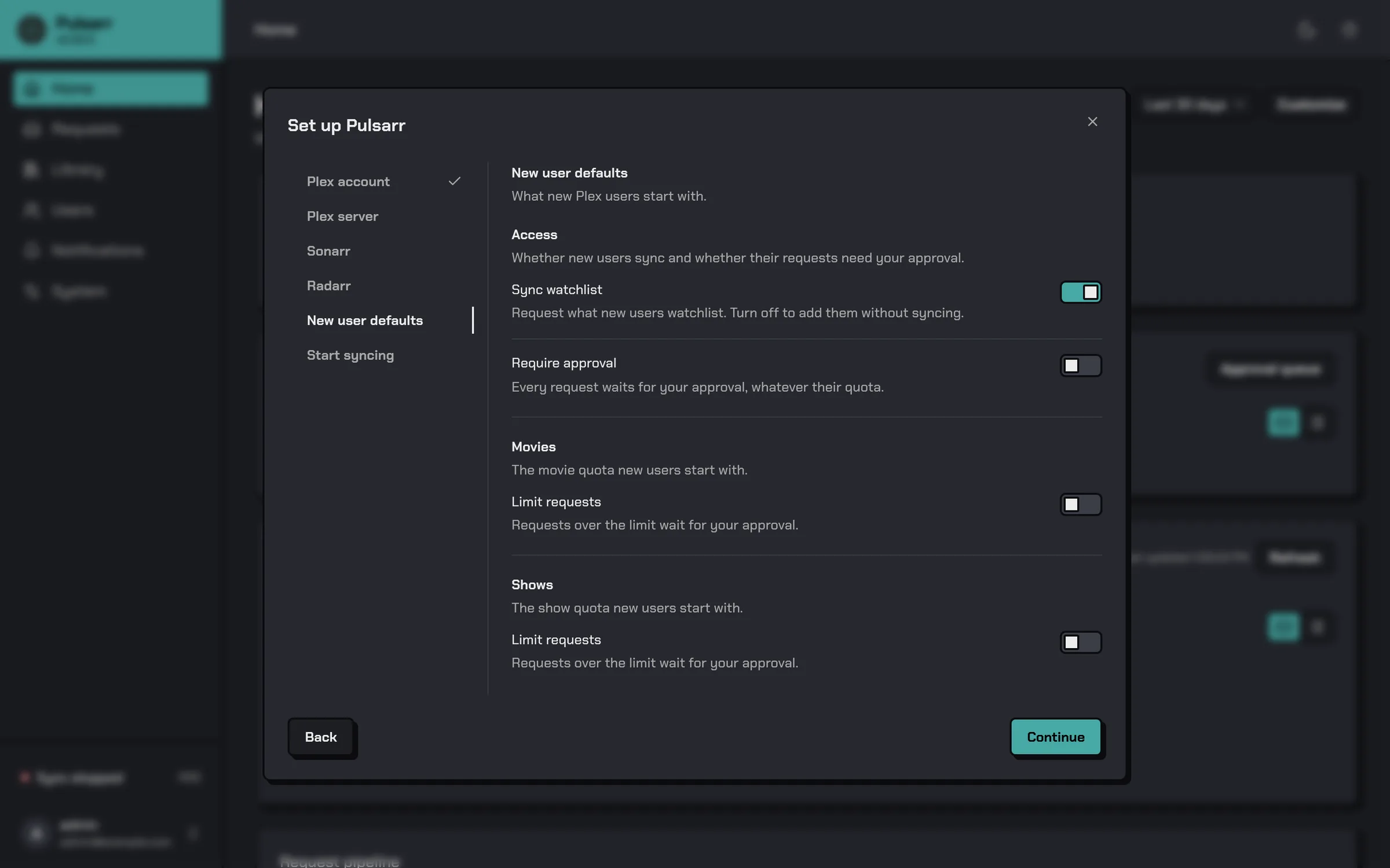 The New user defaults step