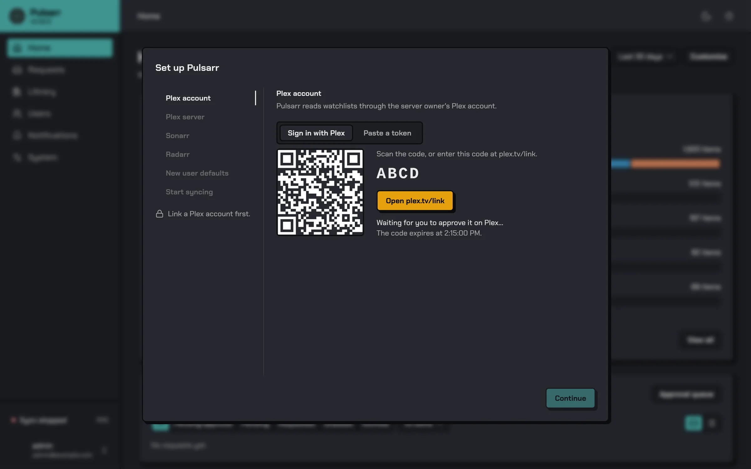 The Plex account step with a link code and QR code