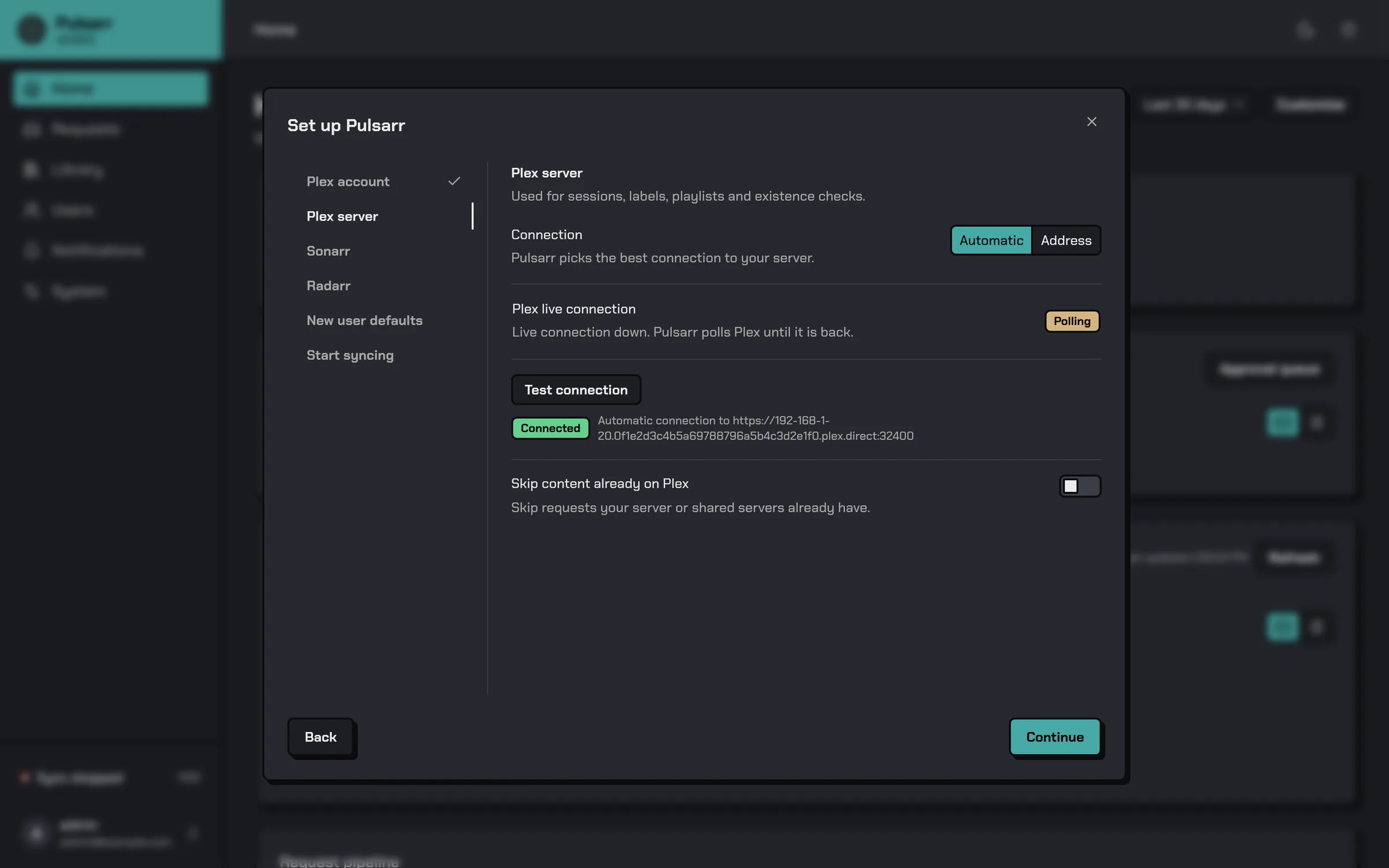 The Plex server step after a successful connection test