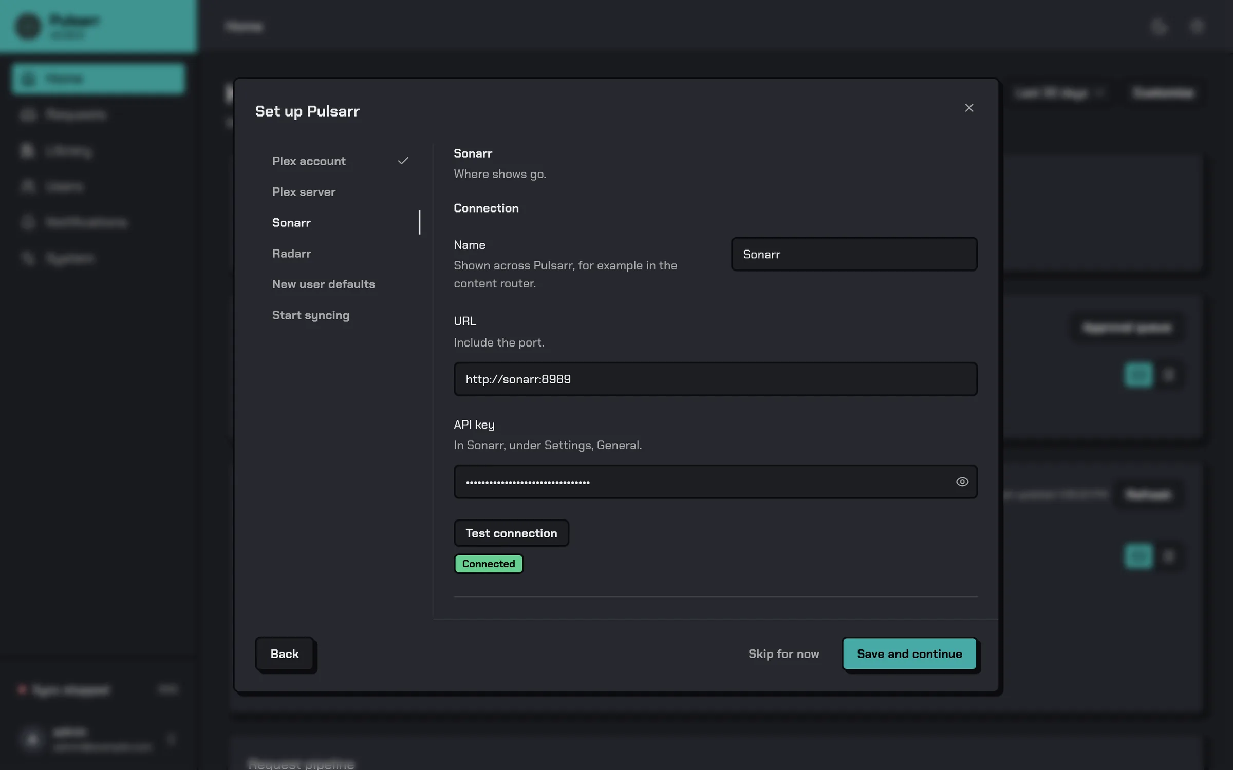 The Sonarr step after a successful connection test