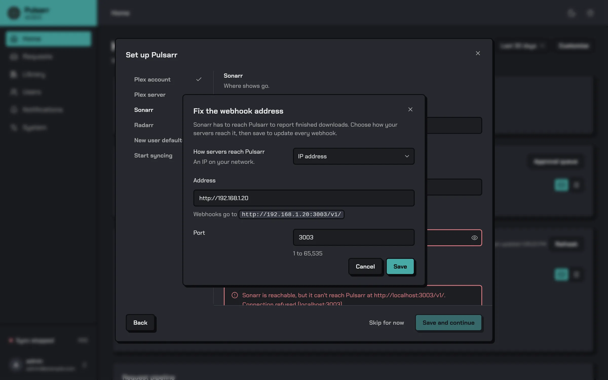 The Fix the webhook address dialog set to IP address