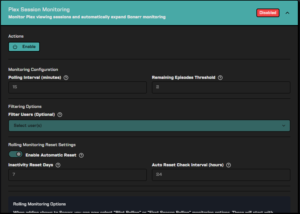 Plex Session Monitoring Configuration Interface