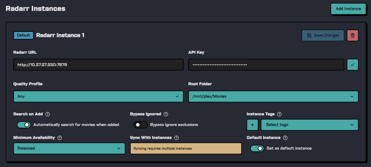 Radarr Instance Configuration